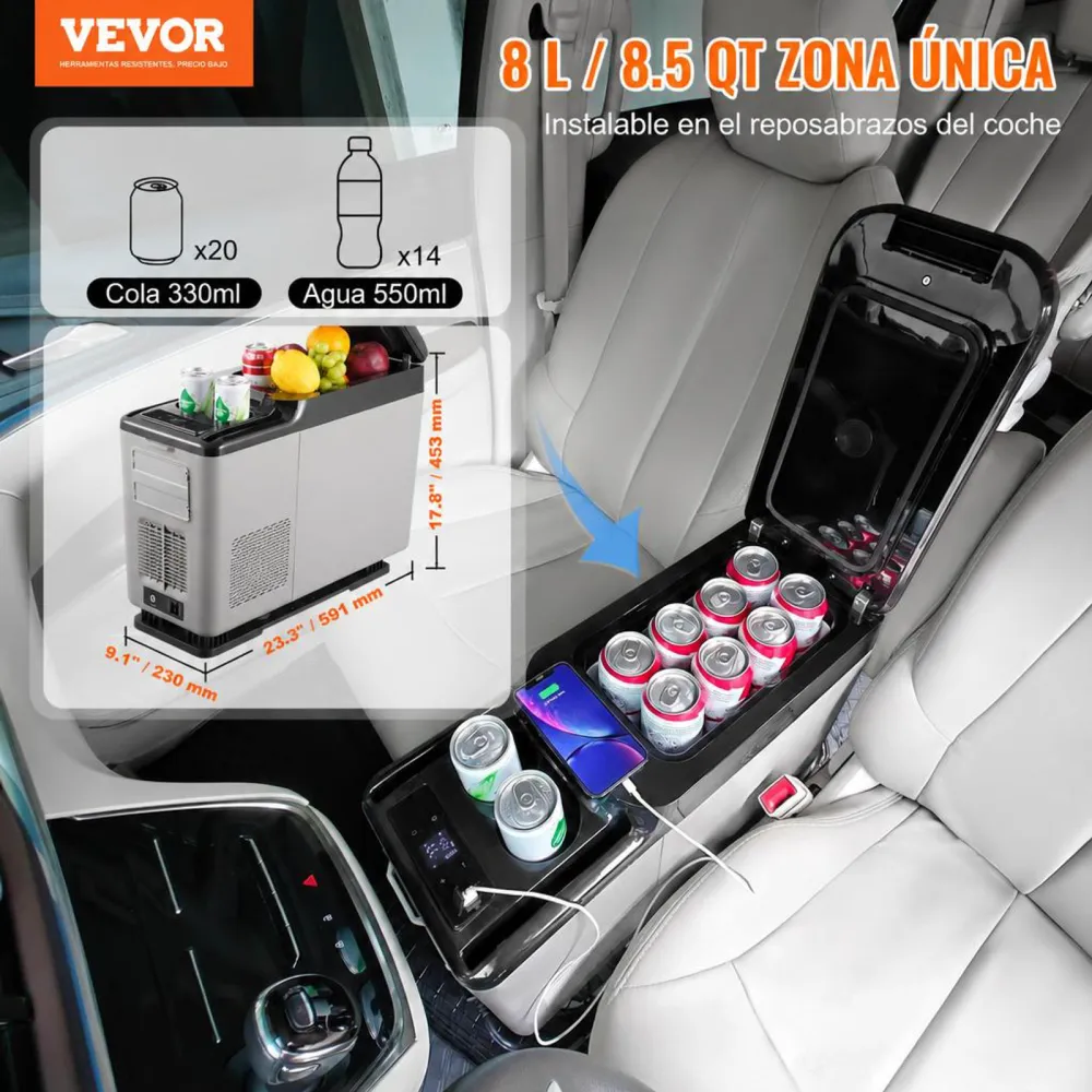 VEVOR Nevera de Compresión Portátil 15 L Mini Nevera con Reposabrazos para Coche 12/24V CC y 100-240V CA Mini Nevera de Zona Única -20°C a 20°C Ajustable para Coche Camión Barco Casa Camping