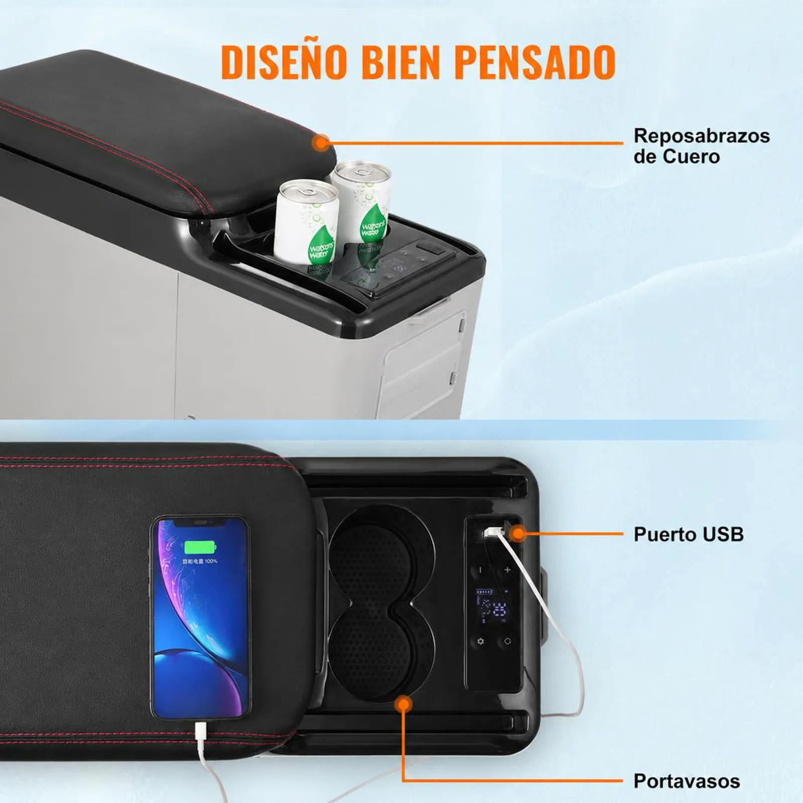 VEVOR Nevera de Compresión Portátil 15 L Mini Nevera con Reposabrazos para Coche 12/24V CC y 100-240V CA Mini Nevera de Zona Única -20°C a 20°C Ajustable para Coche Camión Barco Casa Camping