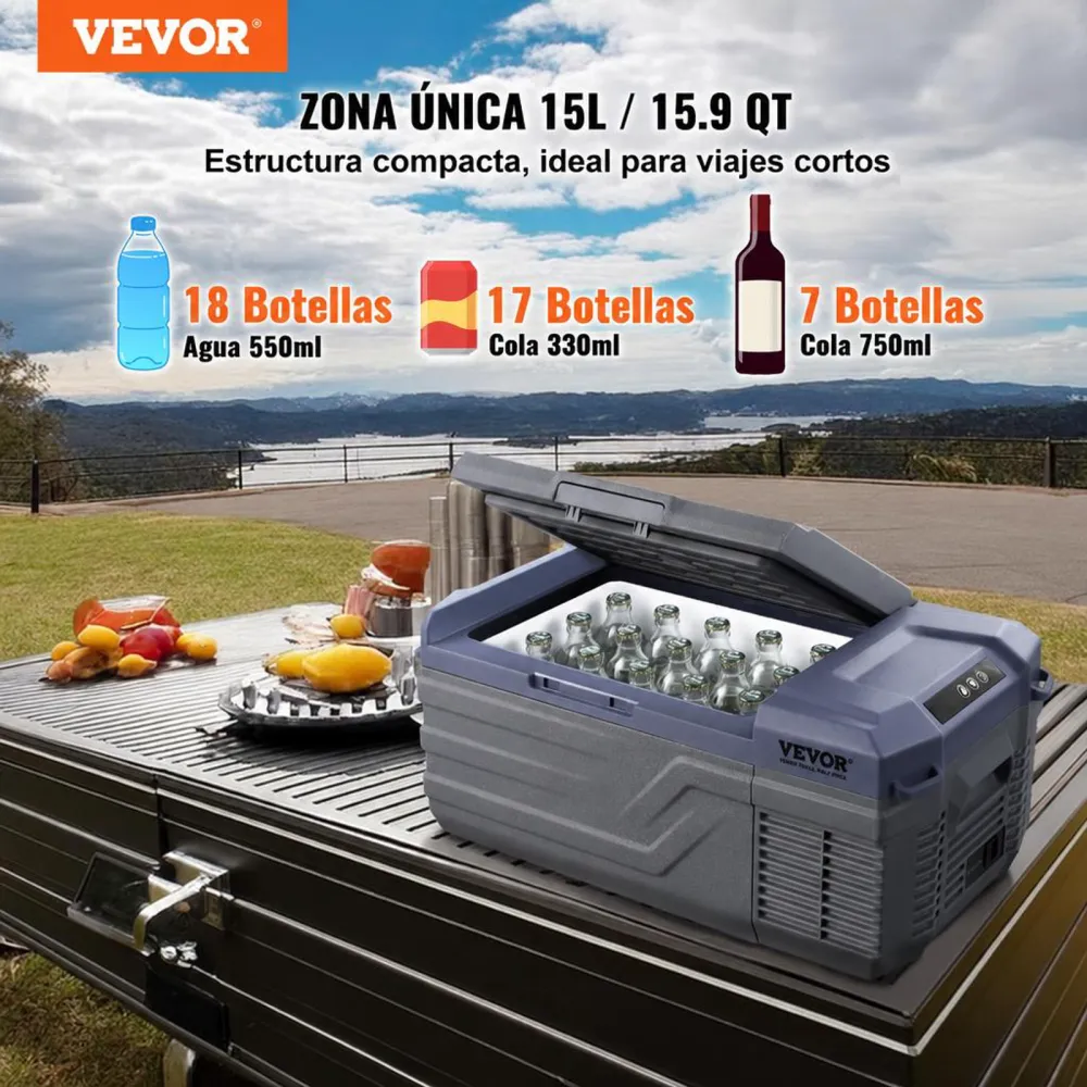 VEVOR Nevera de Compresión Portátil 15 L Mini Nevera para Coche 12/24V CC y 100-240V CA Caja Enfriadora de Zona Única Temperatura Ajustable de -20°C a 20°C para Camión Barco Casa Camping