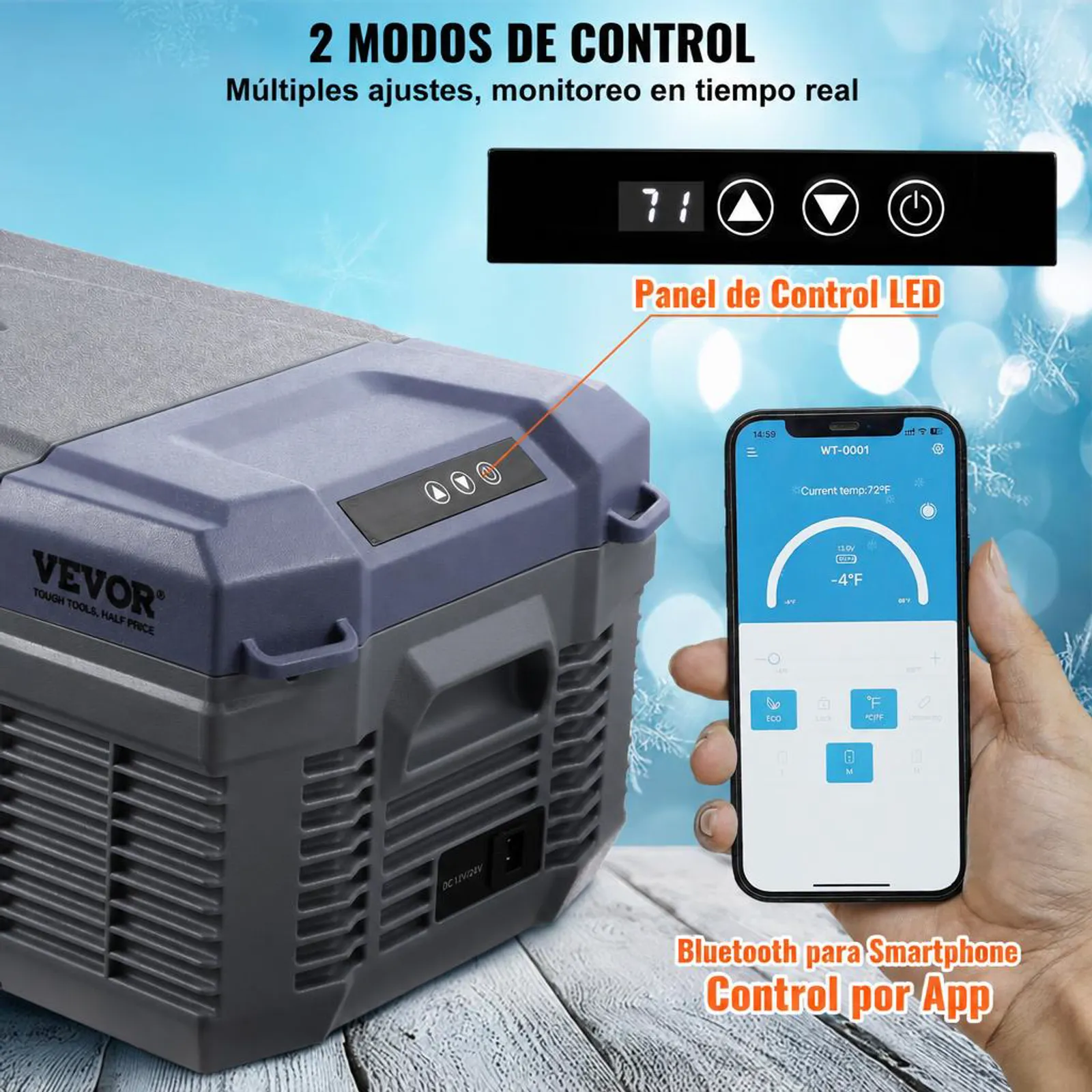 VEVOR Nevera de Compresión Portátil 15 L Mini Nevera para Coche 12/24V CC y 100-240V CA Caja Enfriadora de Zona Única Temperatura Ajustable de -20°C a 20°C para Camión Barco Casa Camping