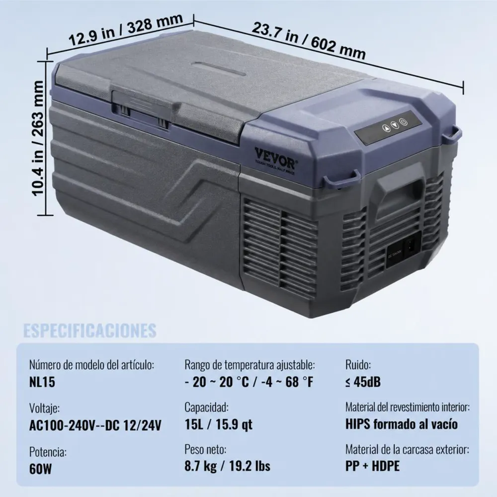 VEVOR Nevera de Compresión Portátil 15 L Mini Nevera para Coche 12/24V CC y 100-240V CA Caja Enfriadora de Zona Única Temperatura Ajustable de -20°C a 20°C para Camión Barco Casa Camping