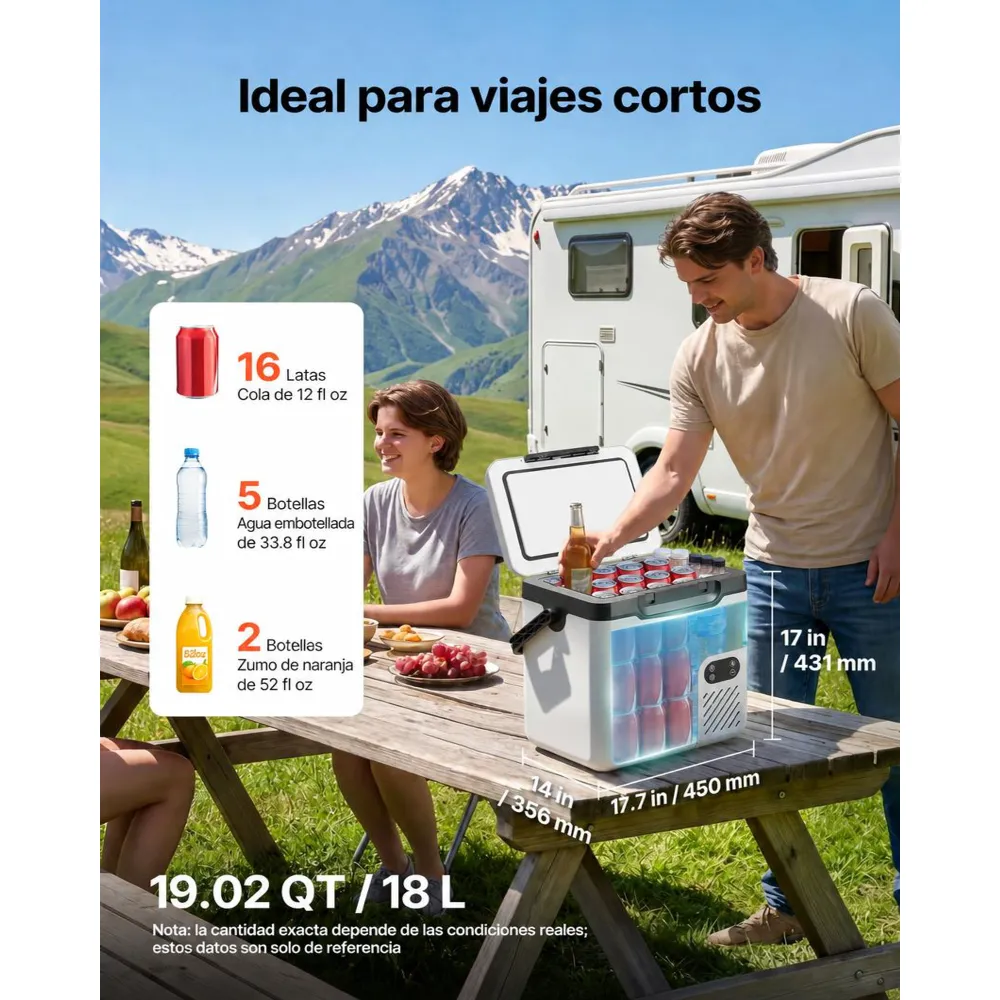 VEVOR Nevera Portátil para Coche 18 L, Zona Única, Refrigerador para Coche con Compresor 12/24 V CC 100-240 V CA, Temperatura Ajustable de -20 °C a 20 °C, para Camiones, Autocaravanas, Camping