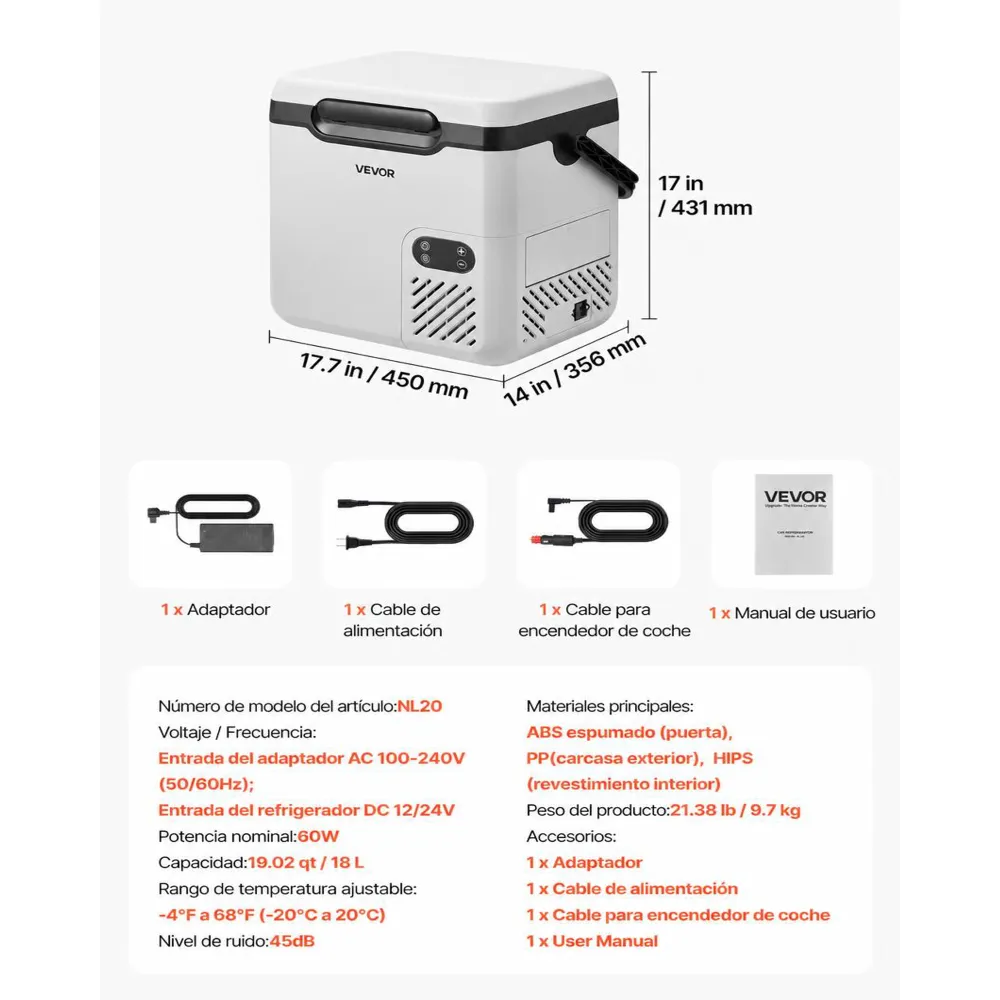 VEVOR Nevera Portátil para Coche 18 L, Zona Única, Refrigerador para Coche con Compresor 12/24 V CC 100-240 V CA, Temperatura Ajustable de -20 °C a 20 °C, para Camiones, Autocaravanas, Camping