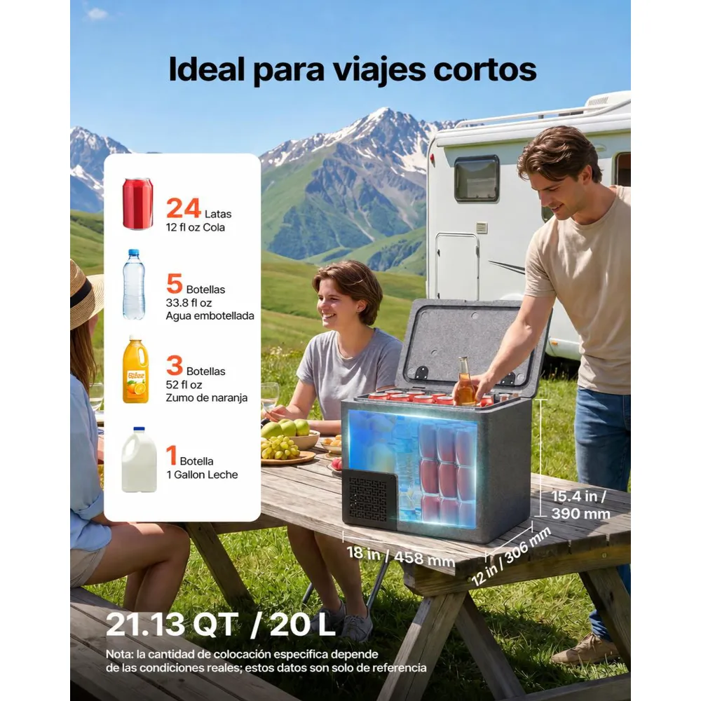 VEVOR Nevera Portátil para Coche 20 L, Zona Única, Refrigerador para Coche con Compresor 12/24 V CC, Temperatura Ajustable de -10 °C a 10 °C, para Autocaravanas, Furgonetas, Barcos, Camping, Viajes
