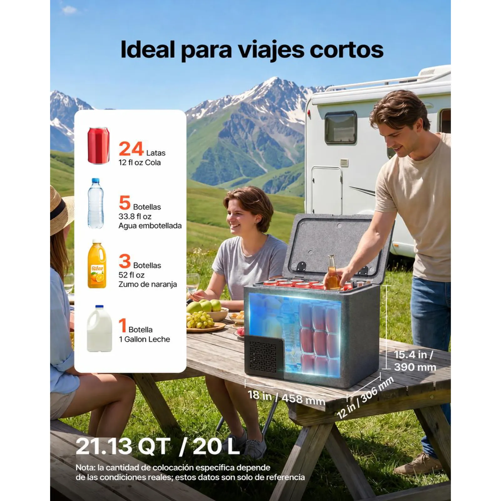 VEVOR Nevera Portátil para Coche 20 L, Zona Única, Refrigerador para Coche con Compresor 12/24 V CC, Temperatura Ajustable de -10 °C a 10 °C, para Autocaravanas, Furgonetas, Barcos, Camping, Viajes