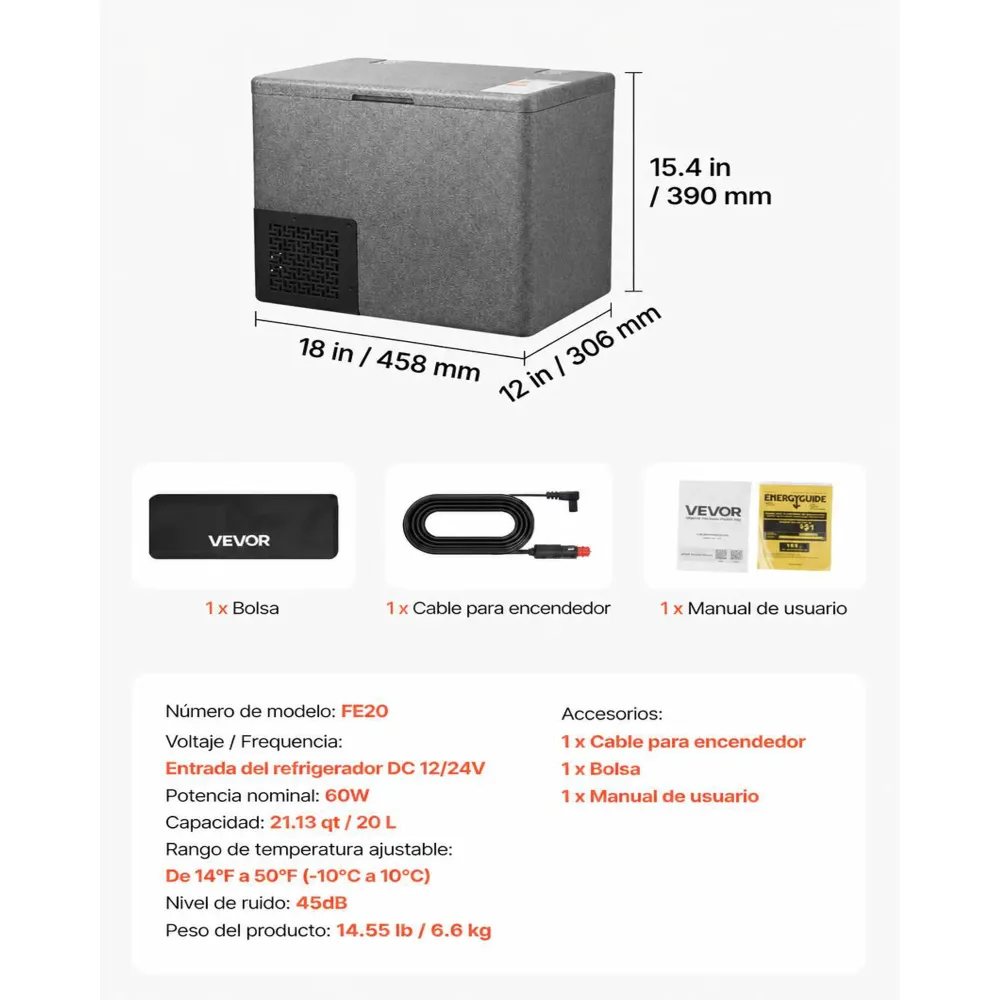 VEVOR Nevera Portátil para Coche 20 L, Zona Única, Refrigerador para Coche con Compresor 12/24 V CC, Temperatura Ajustable de -10 °C a 10 °C, para Autocaravanas, Furgonetas, Barcos, Camping, Viajes