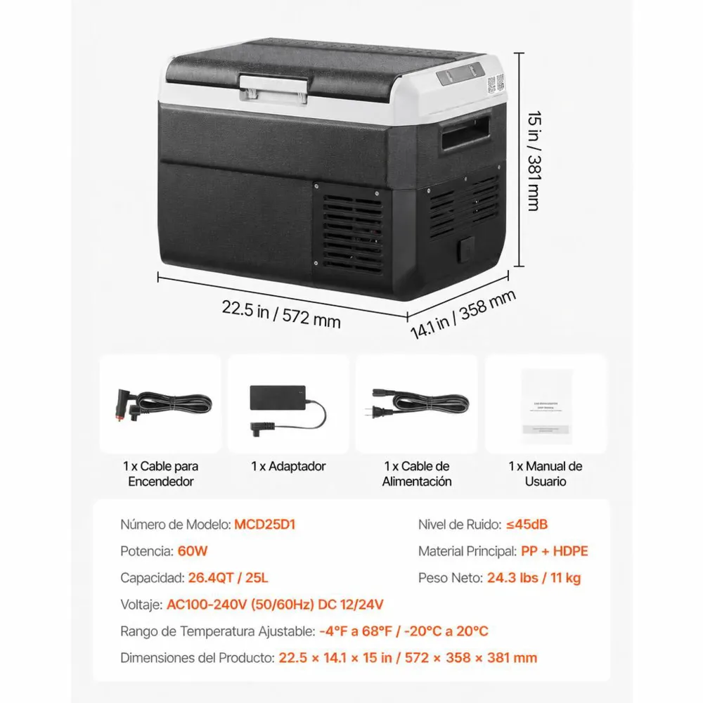 VEVOR Nevera Portátil para Coche 25 L, Zona Única, Refrigerador para Coche con Compresor 12/24 V CC y 100-240 V CA, Temperatura Ajustable de -20 °C a 20 °C, para Autocaravanas, Camping, Viajes