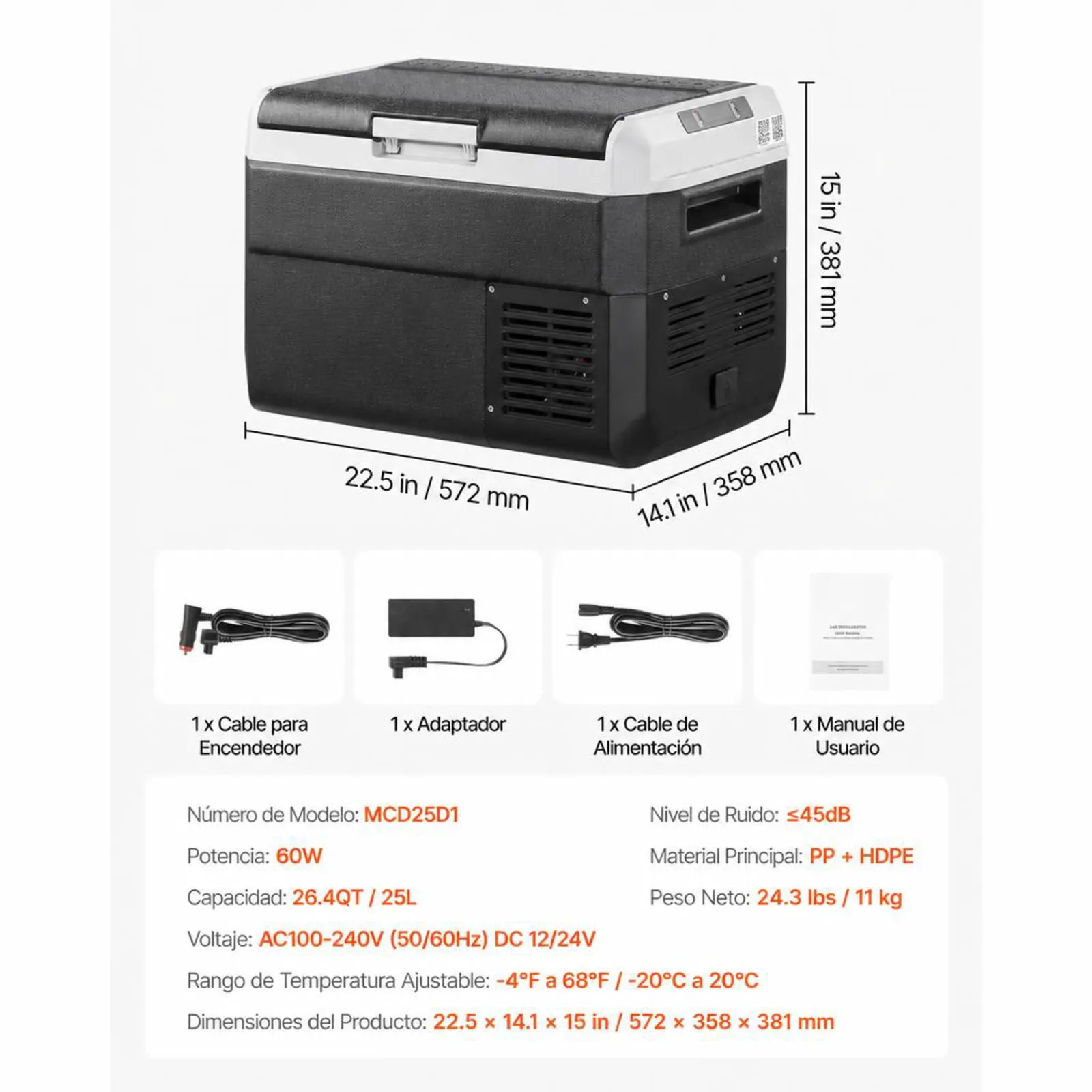 VEVOR Nevera Portátil para Coche 25 L, Zona Única, Refrigerador para Coche con Compresor 12/24 V CC y 100-240 V CA, Temperatura Ajustable de -20 °C a 20 °C, para Autocaravanas, Camping, Viajes
