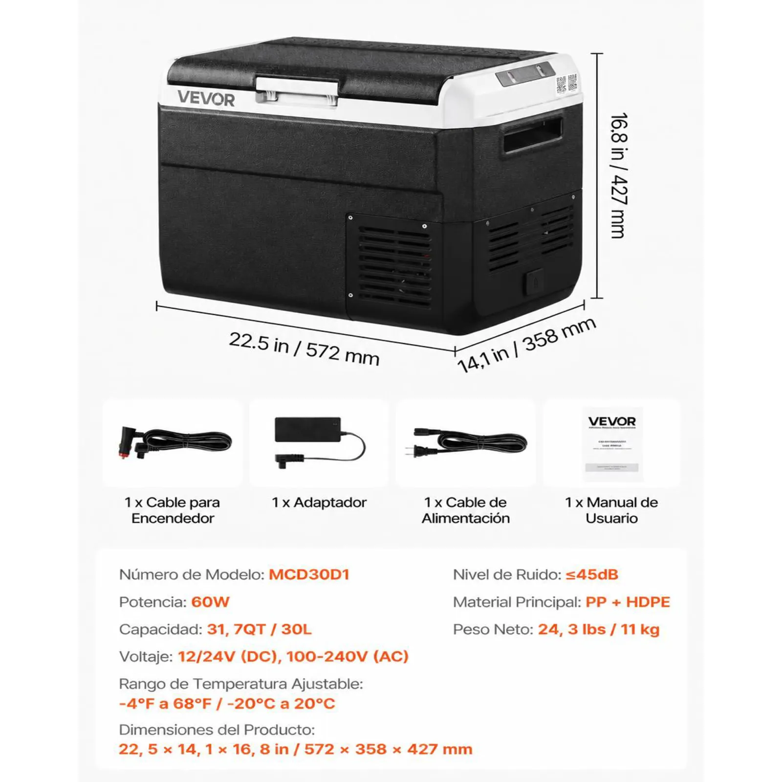 VEVOR Nevera Portátil para Coche 30 L, Zona Única, Refrigerador para Coche con Compresor 12/24 V CC y 100-240 V CA, Temperatura Ajustable de -20 °C a 20 °C, para Autocaravanas, Camping, Viajes