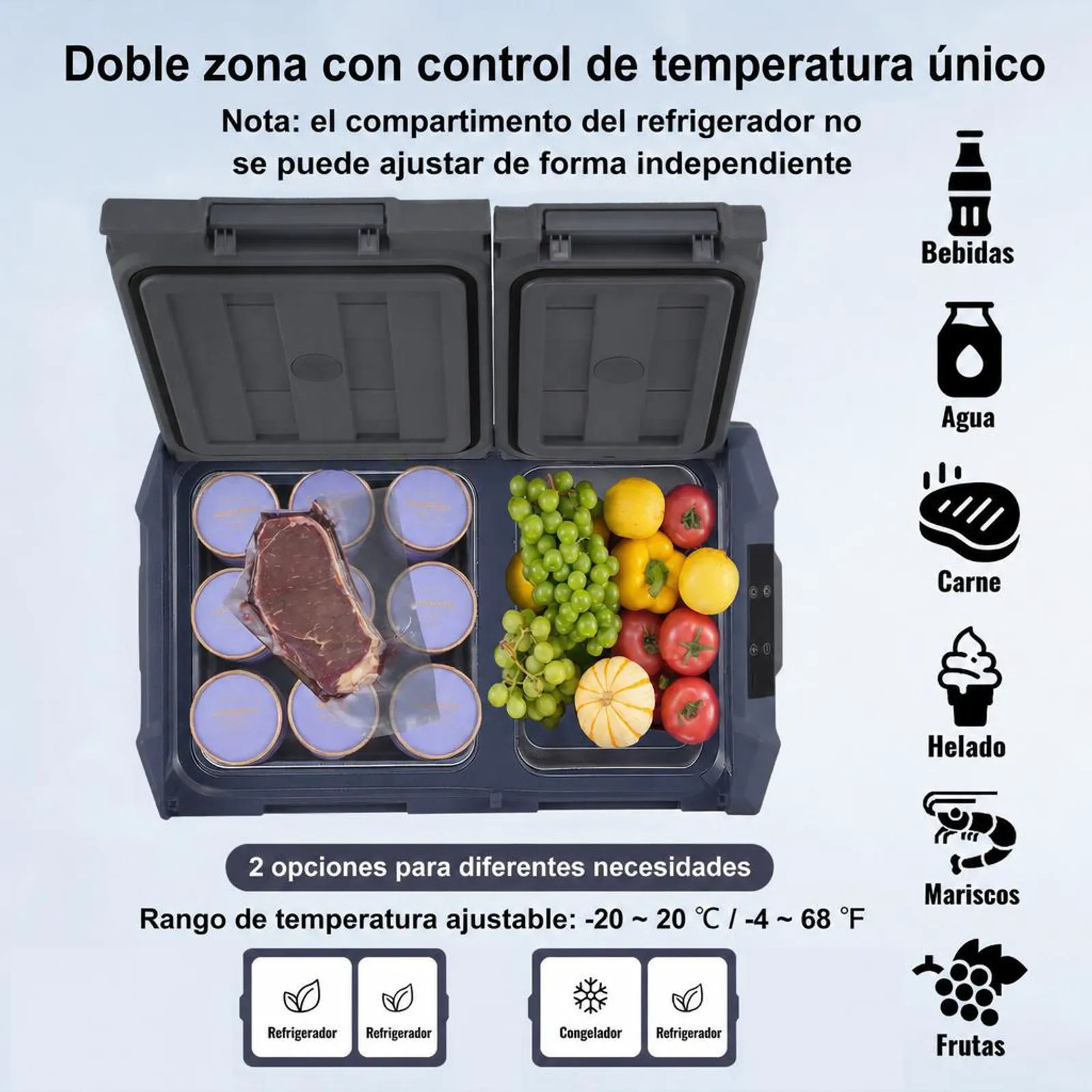 VEVOR Nevera de Compresión Portátil 25 L Mini Nevera para Coche 12/24V CC y 100-240V CA Caja Enfriadora de Doble Zona Temperatura Ajustable de -20°C a 20°C para Camión Barco Casa Camping