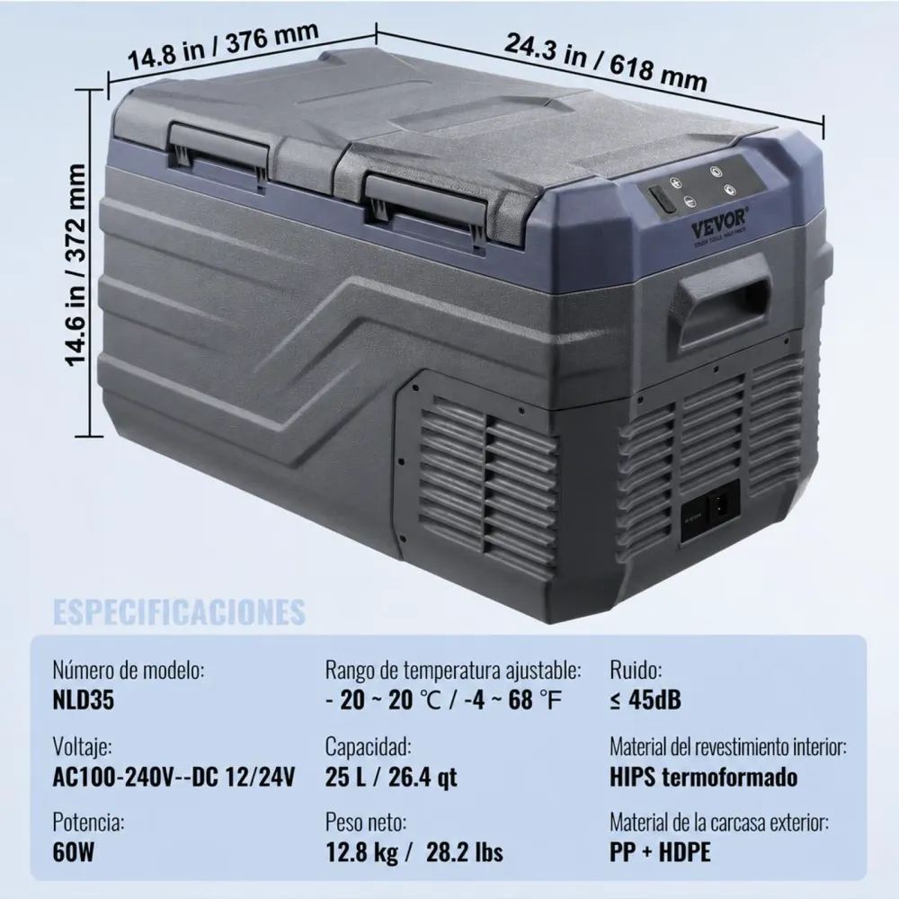 VEVOR Nevera de Compresión Portátil 25 L Mini Nevera para Coche 12/24V CC y 100-240V CA Caja Enfriadora de Doble Zona Temperatura Ajustable de -20°C a 20°C para Camión Barco Casa Camping