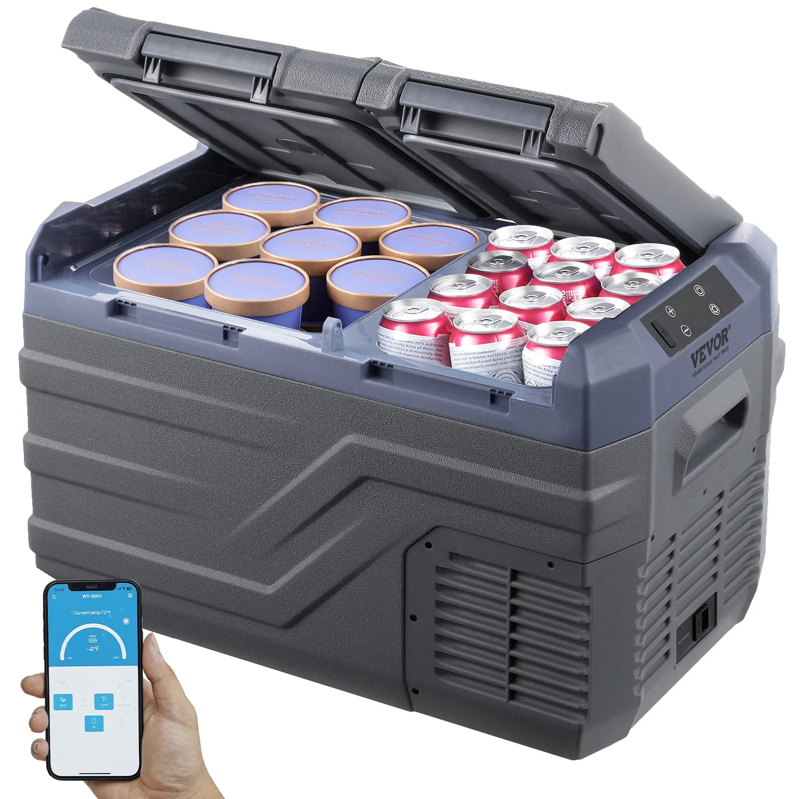 VEVOR Nevera de Compresión Portátil 25 L Mini Nevera para Coche 12/24V CC y 100-240V CA Caja Enfriadora de Doble Zona Temperatura Ajustable de -20°C a 20°C para Camión Barco Casa Camping