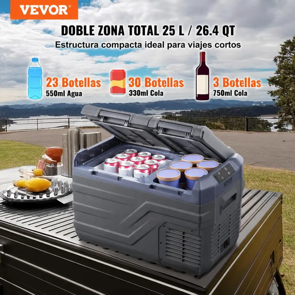 VEVOR Nevera de Compresión Portátil 25 L Mini Nevera para Coche de Doble Zona Temperatura Ajustable de -20 °C a 20 °C Nevera Portátil 12/24 V CC y 100-240 V CA para Camión, Barco, Casa, Camping
