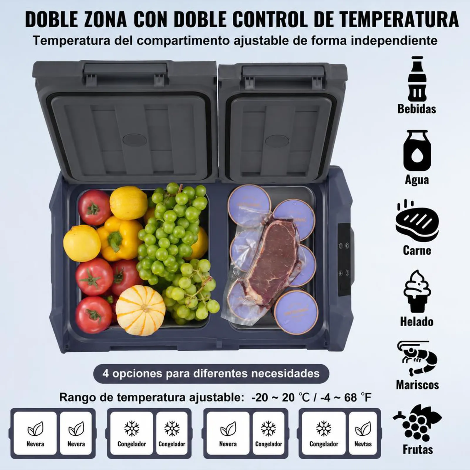 VEVOR Nevera de Compresión Portátil 25 L Mini Nevera para Coche de Doble Zona Temperatura Ajustable de -20 °C a 20 °C Nevera Portátil 12/24 V CC y 100-240 V CA para Camión, Barco, Casa, Camping