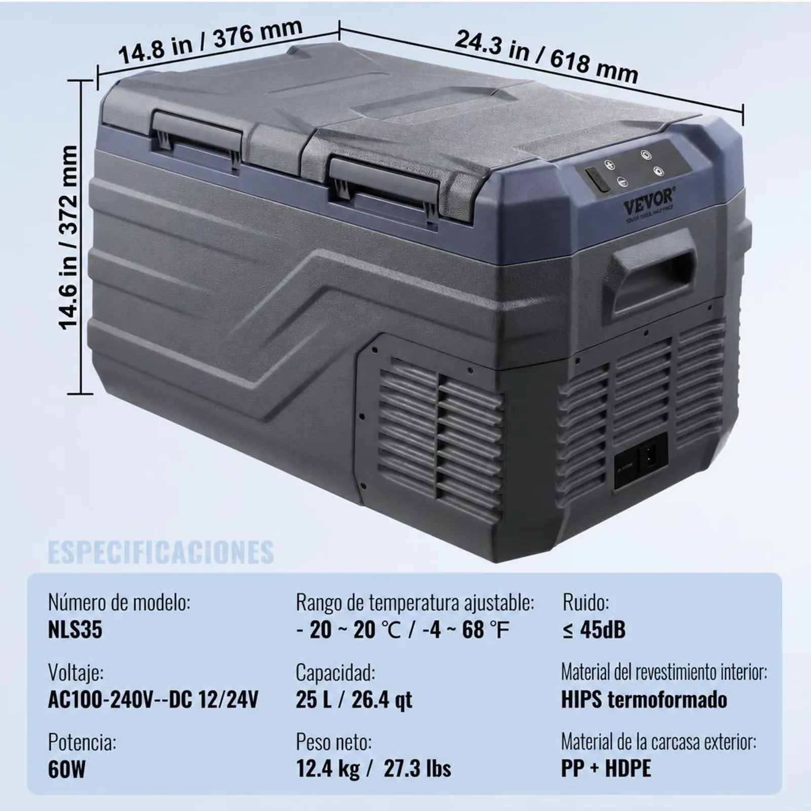 VEVOR Nevera de Compresión Portátil 25 L Mini Nevera para Coche de Doble Zona Temperatura Ajustable de -20 °C a 20 °C Nevera Portátil 12/24 V CC y 100-240 V CA para Camión, Barco, Casa, Camping