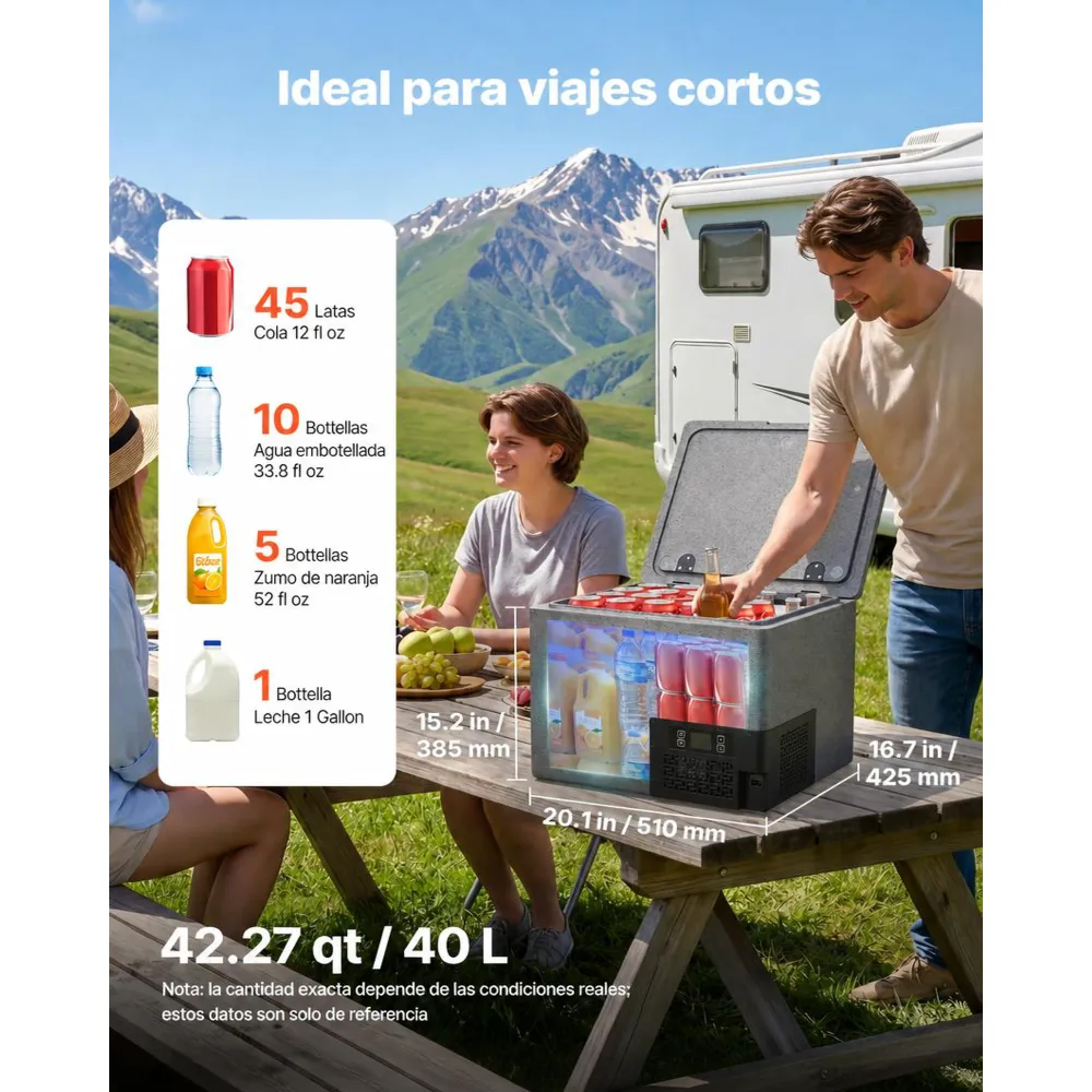 VEVOR Nevera Portátil para Coche 40 L, Zona Única, Refrigerador para Coche con Compresor 12/24 V CC, Temperatura Ajustable de -10 °C a 10 °C, para Autocaravanas, Furgonetas, Camping, Viajes, Barcos