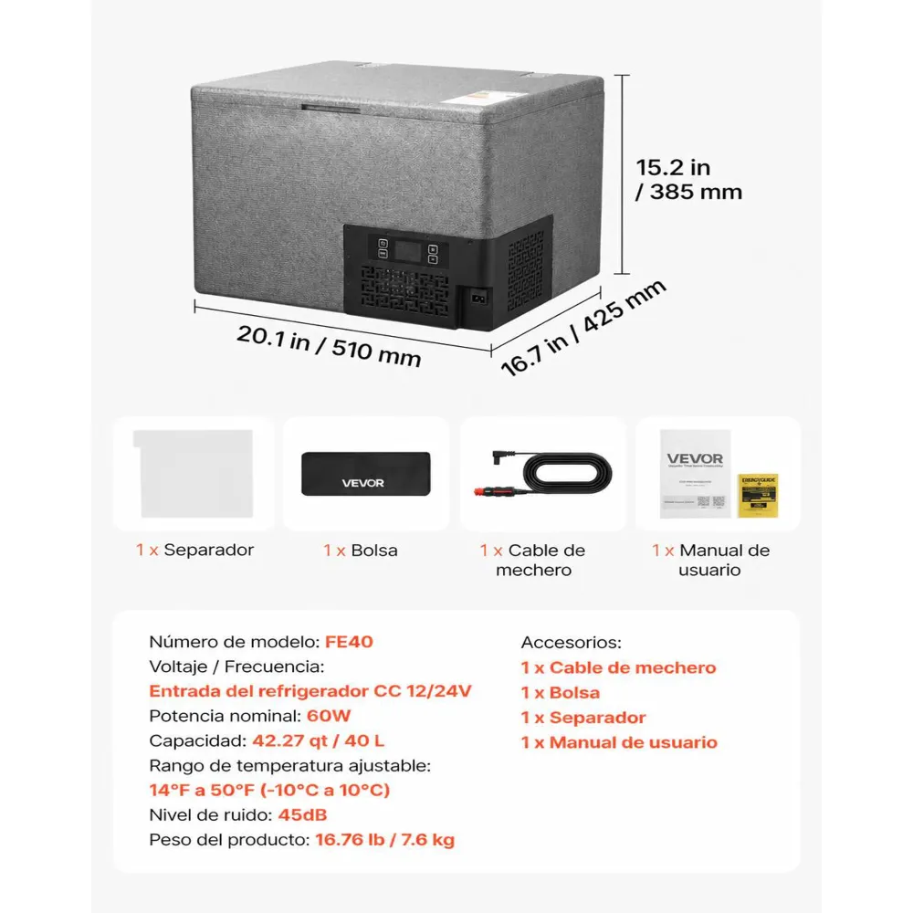 VEVOR Nevera Portátil para Coche 40 L, Zona Única, Refrigerador para Coche con Compresor 12/24 V CC, Temperatura Ajustable de -10 °C a 10 °C, para Autocaravanas, Furgonetas, Camping, Viajes, Barcos