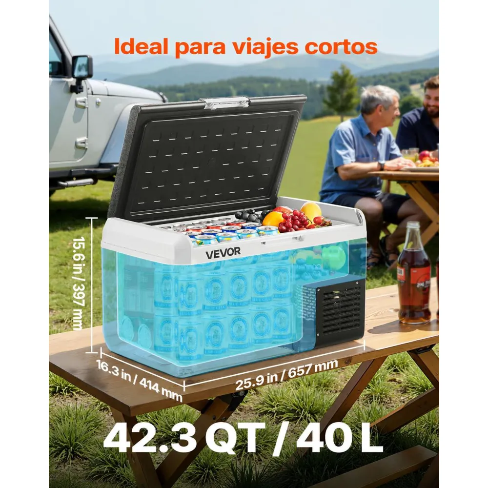 VEVOR Nevera Portátil para Coche 40 L, Zona Única, Refrigerador para Coche con Compresor 12/24 V CC y 100-240 V CA, Temperatura Ajustable de -20 °C a 20 °C, para Autocaravanas, Camping, Viajes