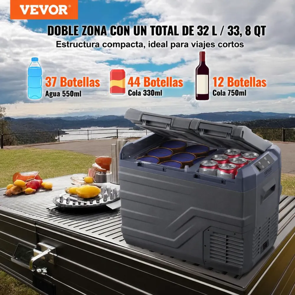VEVOR Nevera de Compresión Portátil 32 L Mini Nevera para Coche 12/24V CC y 100-240V CA Caja Enfriadora de Doble Zona Temperatura Ajustable de -20°C a 20°C para Camión Barco Casa Camping
