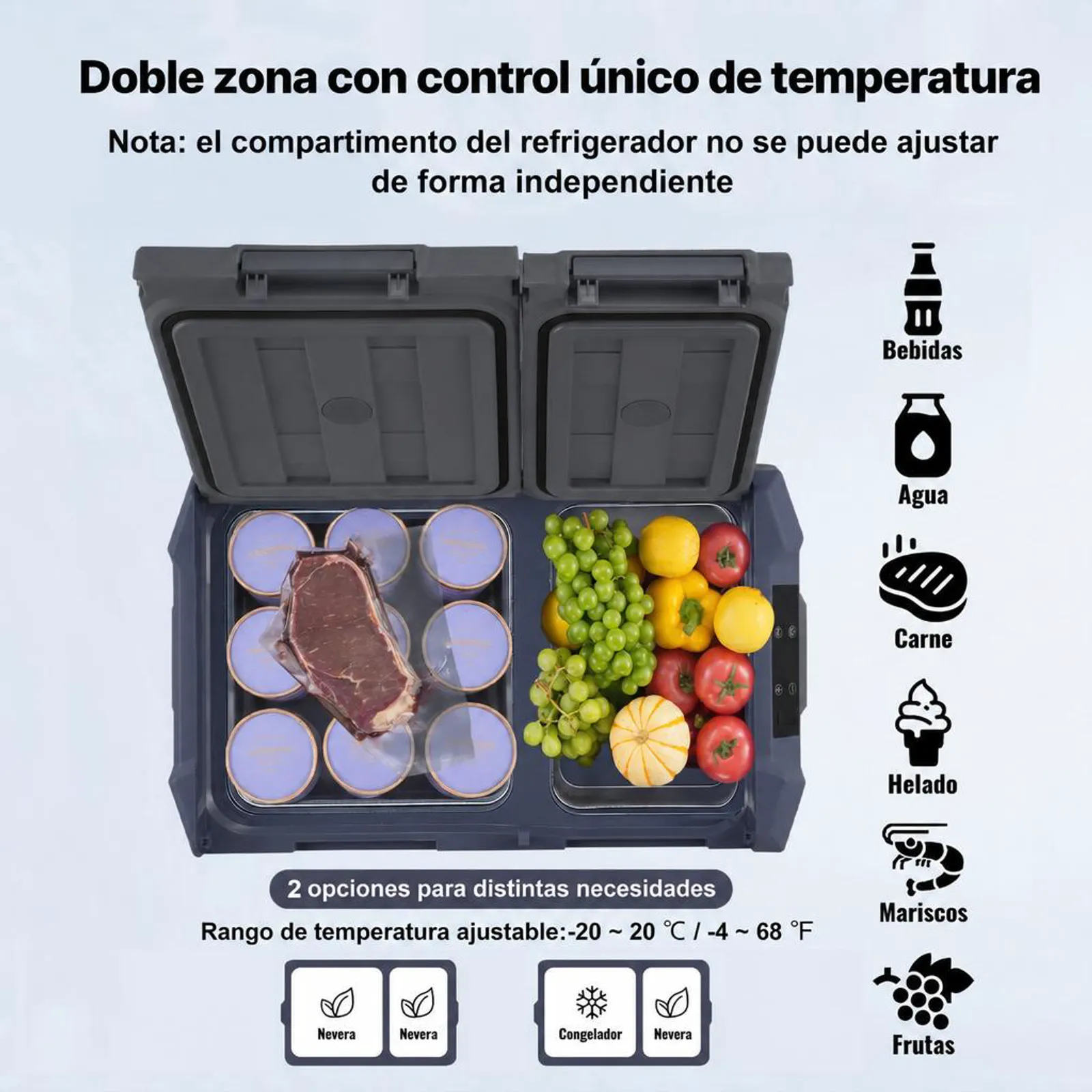 VEVOR Nevera de Compresión Portátil 32 L Mini Nevera para Coche 12/24V CC y 100-240V CA Caja Enfriadora de Doble Zona Temperatura Ajustable de -20°C a 20°C para Camión Barco Casa Camping