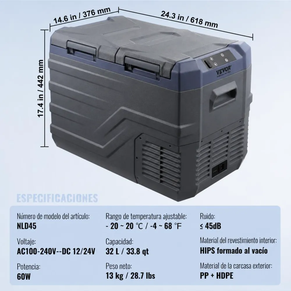 VEVOR Nevera de Compresión Portátil 32 L Mini Nevera para Coche 12/24V CC y 100-240V CA Caja Enfriadora de Doble Zona Temperatura Ajustable de -20°C a 20°C para Camión Barco Casa Camping