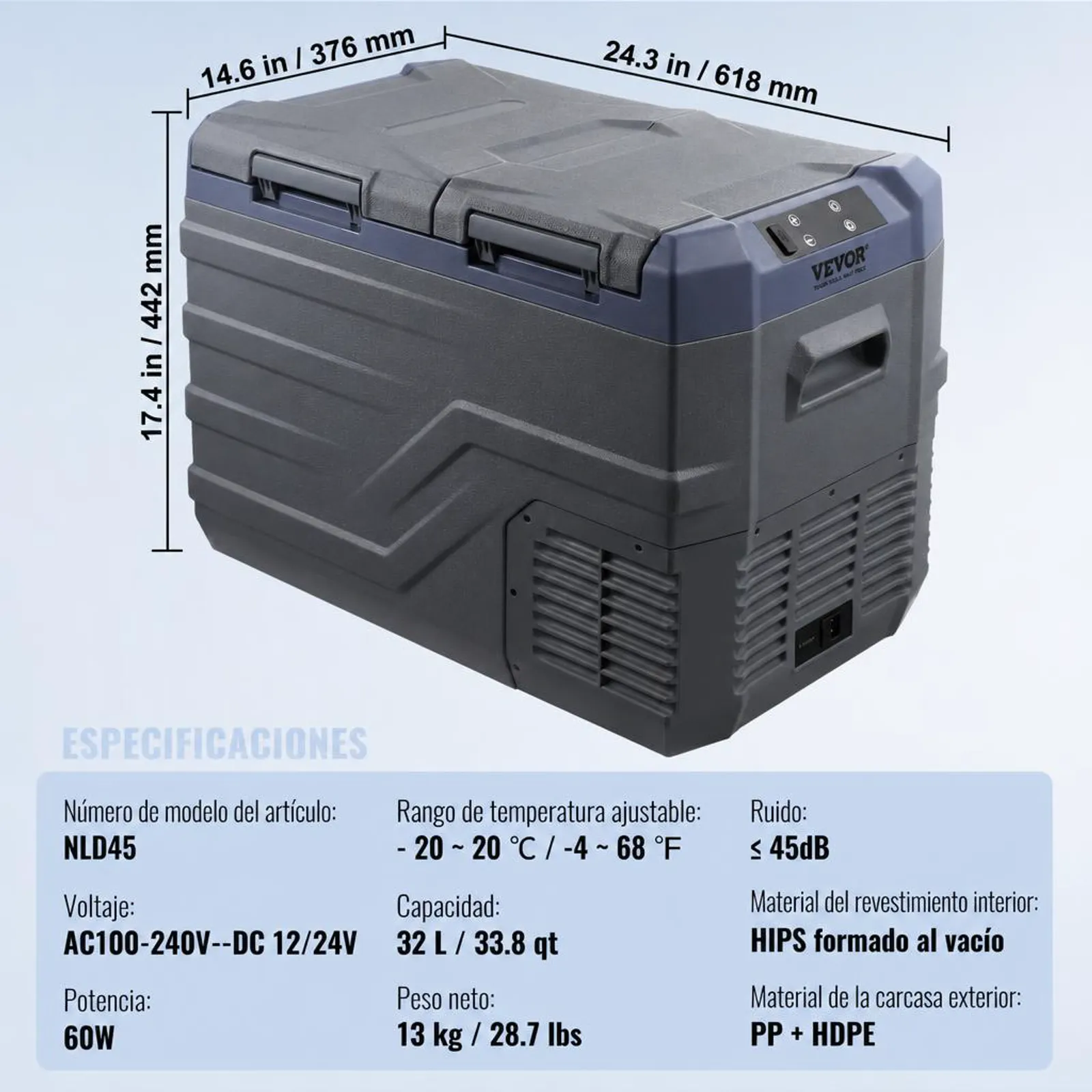 VEVOR Nevera de Compresión Portátil 32 L Mini Nevera para Coche 12/24V CC y 100-240V CA Caja Enfriadora de Doble Zona Temperatura Ajustable de -20°C a 20°C para Camión Barco Casa Camping