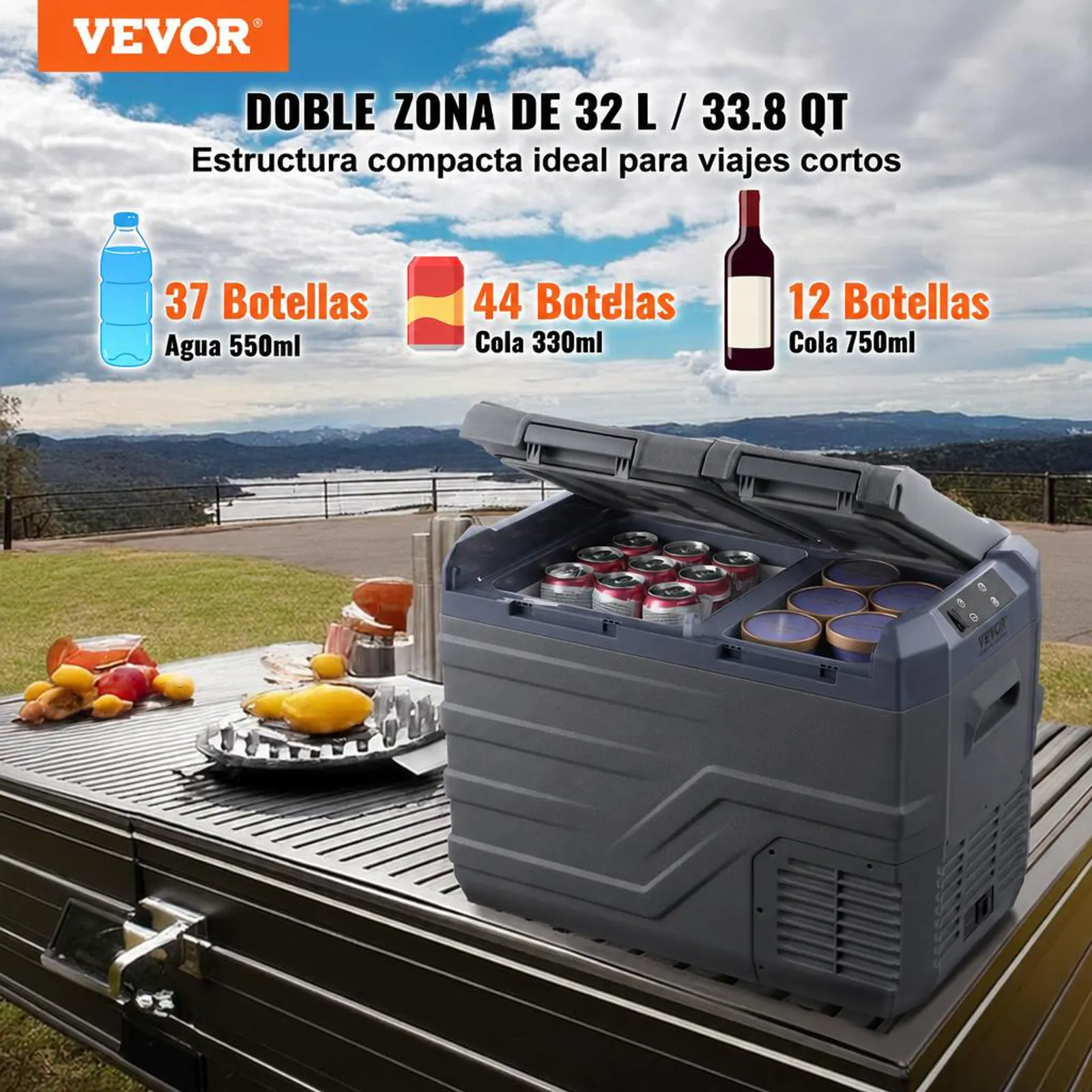 VEVOR Nevera de Compresión Portátil 32 L Mini Nevera para Coche de Doble Zona Temperatura Ajustable de -20 °C a 20 °C Nevera Portátil 12/24 V CC y 100-240 V CA para Camión, Barco, Casa, Camping