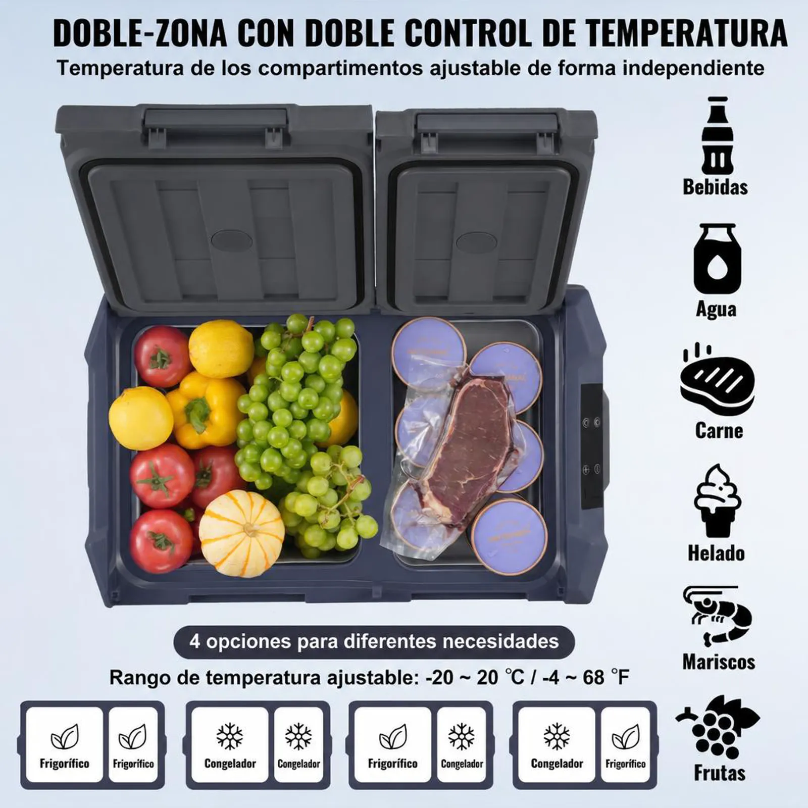 VEVOR Nevera de Compresión Portátil 32 L Mini Nevera para Coche de Doble Zona Temperatura Ajustable de -20 °C a 20 °C Nevera Portátil 12/24 V CC y 100-240 V CA para Camión, Barco, Casa, Camping