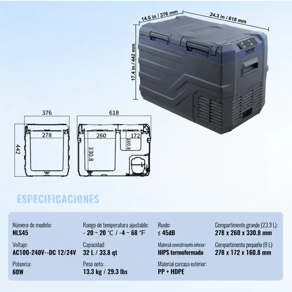 VEVOR Nevera de Compresión Portátil 32 L Mini Nevera para Coche de Doble Zona Temperatura Ajustable de -20 °C a 20 °C Nevera Portátil 12/24 V CC y 100-240 V CA para Camión, Barco, Casa, Camping