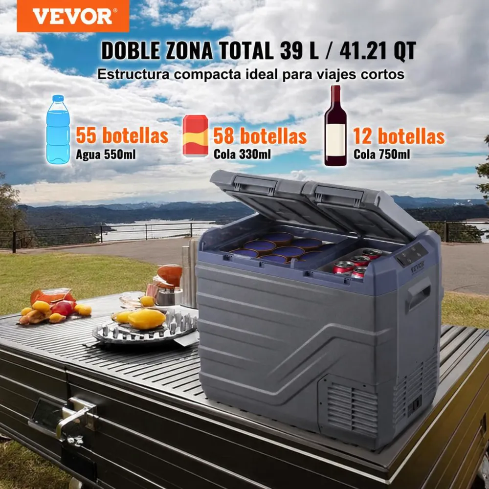 VEVOR Nevera de Compresión Portátil 39 L Mini Nevera para Coche 12/24V CC y 100-240V CA Caja Enfriadora de Doble Zona Temperatura Ajustable de -20°C a 20°C para Camión Barco Casa Camping
