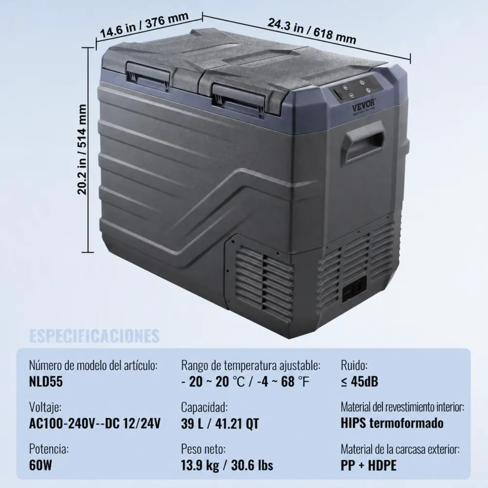 VEVOR Nevera de Compresión Portátil 39 L Mini Nevera para Coche 12/24V CC y 100-240V CA Caja Enfriadora de Doble Zona Temperatura Ajustable de -20°C a 20°C para Camión Barco Casa Camping