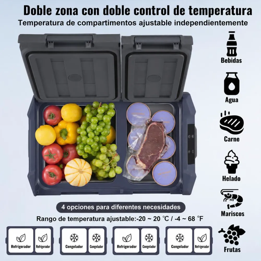 VEVOR Nevera de Compresión Portátil 40 L Mini Nevera para Coche de Doble Zona Temperatura Ajustable de -20 °C a 20 °C Nevera Portátil 12/24 V CC y 100-240 V CA para Camión, Barco, Casa, Camping