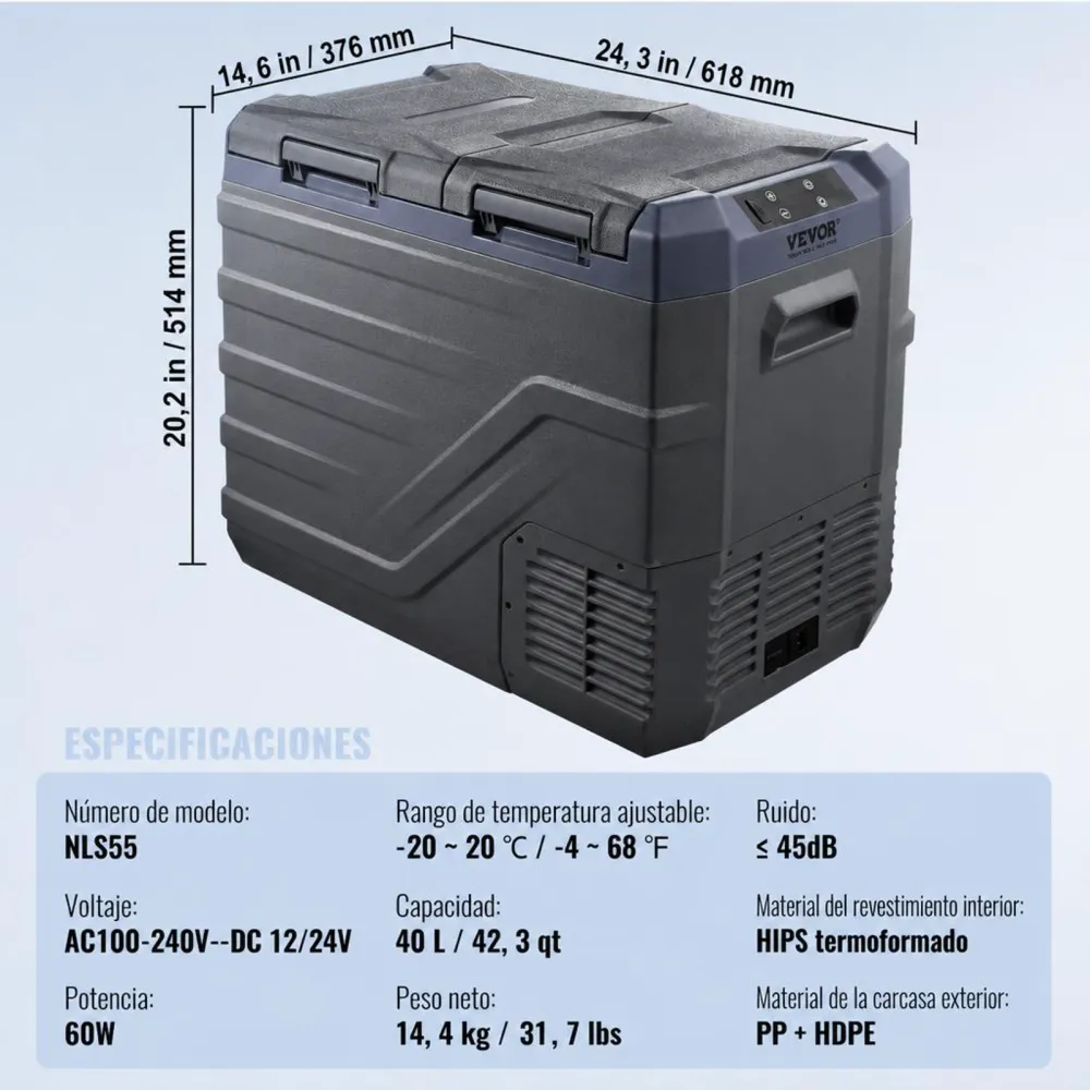 VEVOR Nevera de Compresión Portátil 40 L Mini Nevera para Coche de Doble Zona Temperatura Ajustable de -20 °C a 20 °C Nevera Portátil 12/24 V CC y 100-240 V CA para Camión, Barco, Casa, Camping