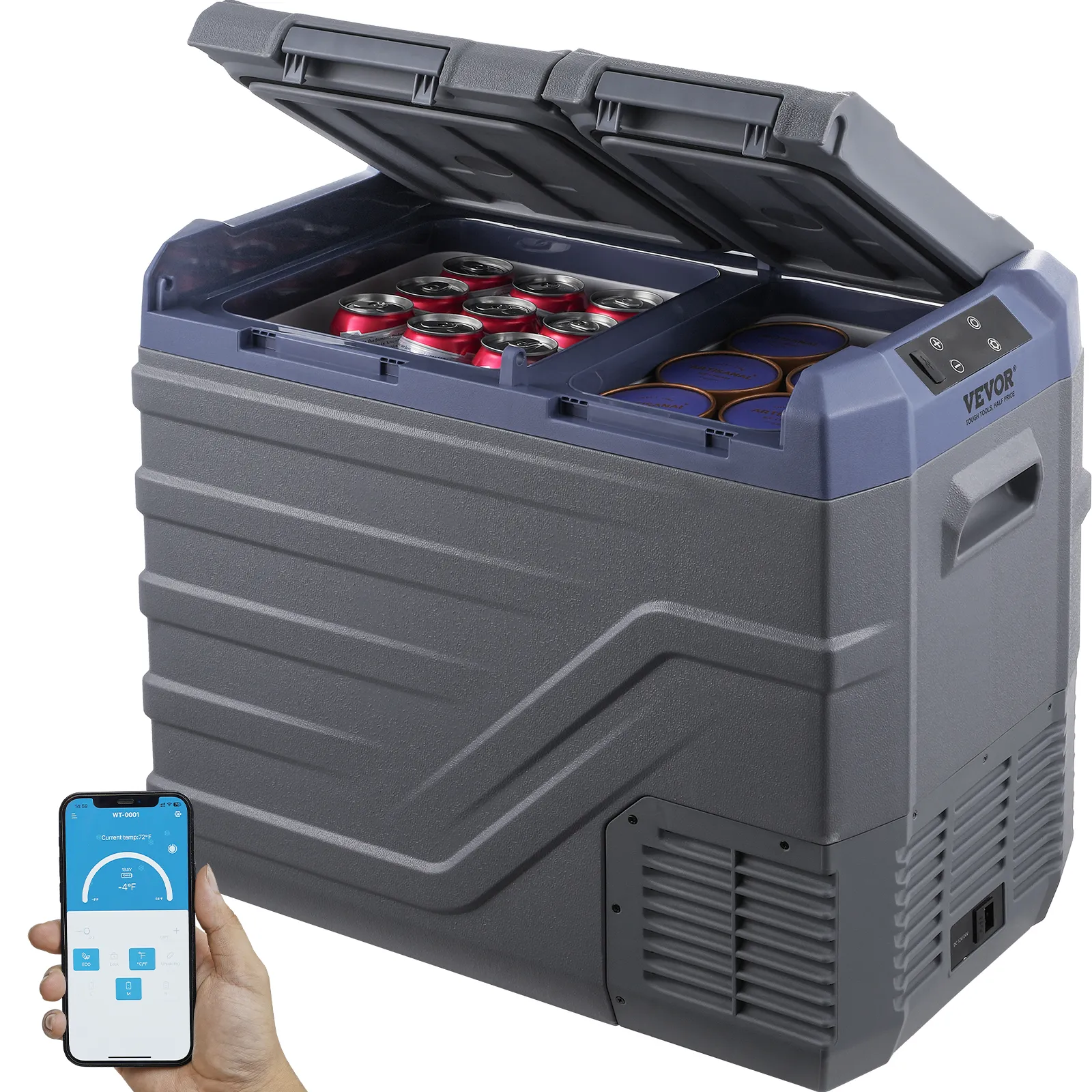 VEVOR Nevera de Compresión Portátil 40 L Mini Nevera para Coche de Doble Zona Temperatura Ajustable de -20 °C a 20 °C Nevera Portátil 12/24 V CC y 100-240 V CA para Camión, Barco, Casa, Camping