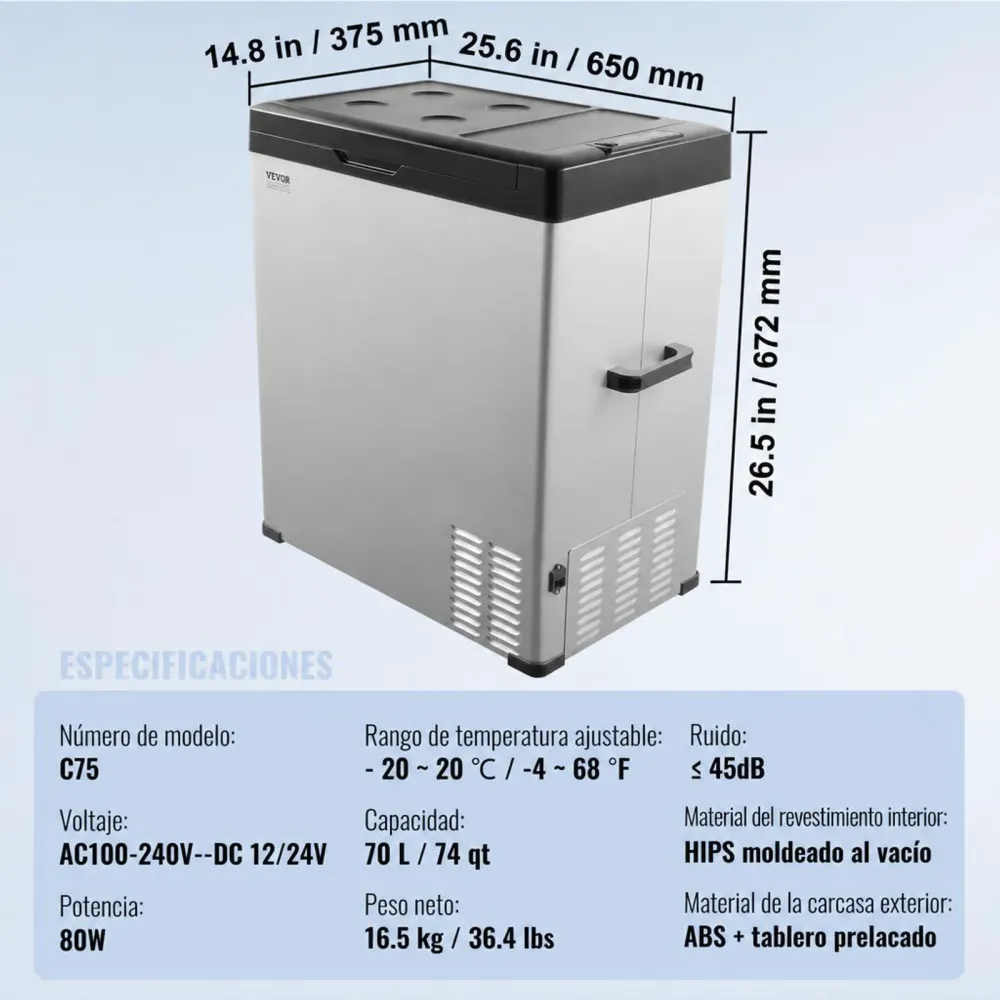VEVOR Nevera de Compresión Portátil 70 L Mini Nevera para Coche 12/24V CC y 100-240V CA Caja Enfriadora de Zona Única Temperatura Ajustable de -20°C a 20°C para Camión Barco Casa Camping