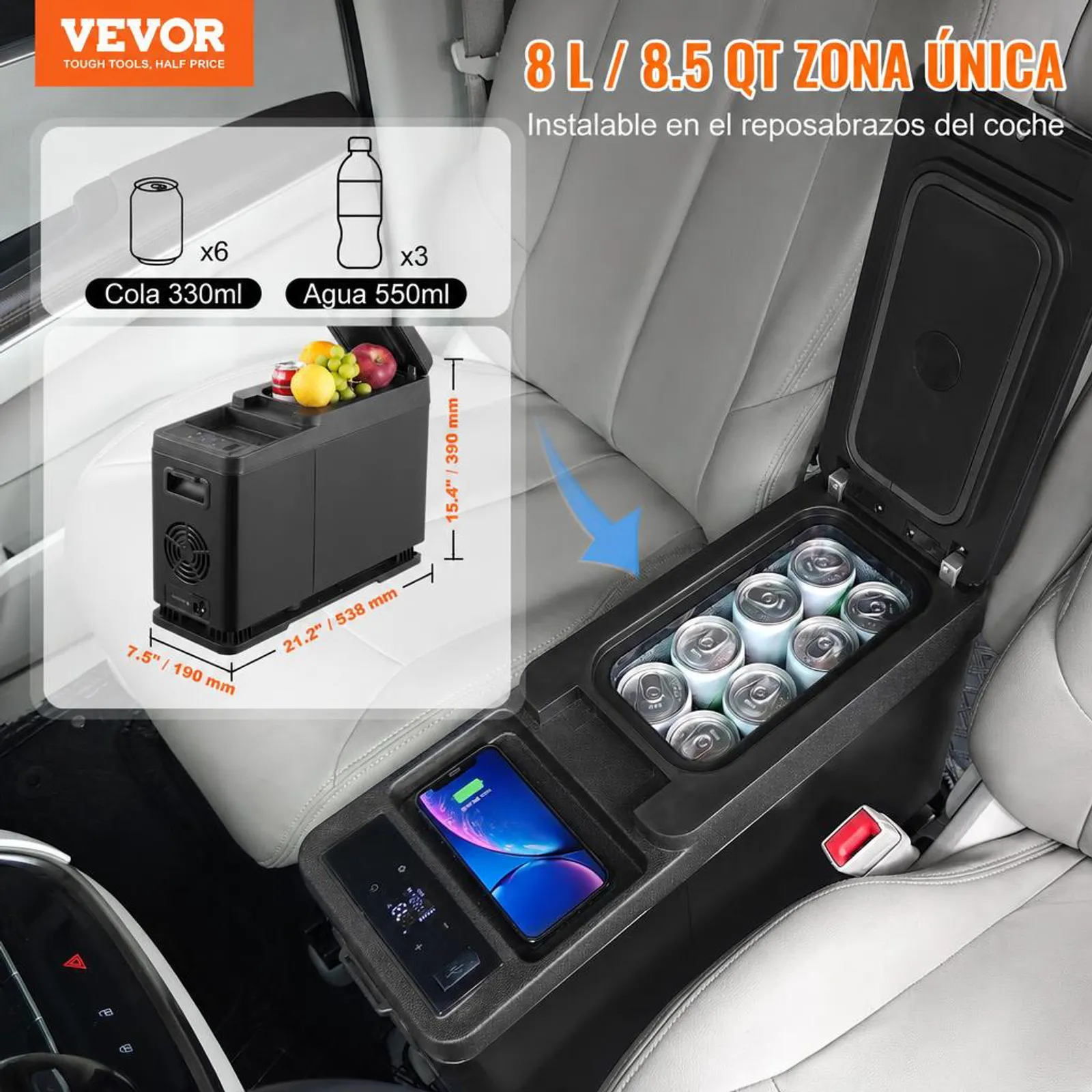 VEVOR Nevera de Compresión Portátil 8 L Mini Nevera con Reposabrazos para Coche 12/24V CC y 100-240V CA Mini Nevera de Zona Única -20°C a 20°C Ajustable para Coche Camión Barco Casa Camping