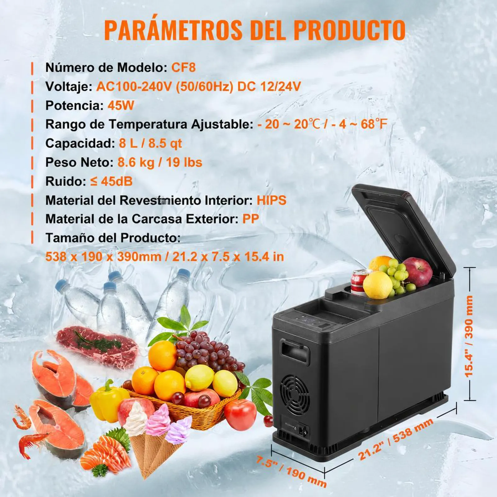 VEVOR Nevera de Compresión Portátil 8 L Mini Nevera con Reposabrazos para Coche 12/24V CC y 100-240V CA Mini Nevera de Zona Única -20°C a 20°C Ajustable para Coche Camión Barco Casa Camping