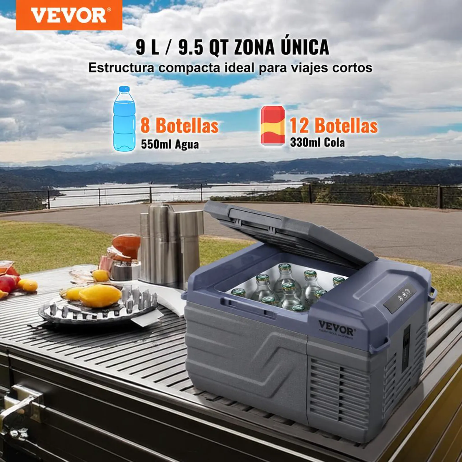 VEVOR Nevera de Compresión Portátil 9 L Mini Nevera para Coche 12/24V DC y 100-240V AC Caja Enfriadora de Zona Única Temperatura Ajustable de -20°C a 20°C para Camión Barco Casa Camping