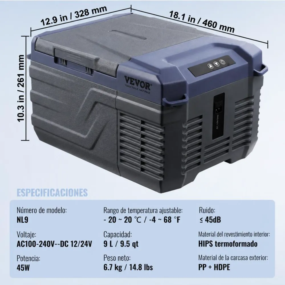 VEVOR Nevera de Compresión Portátil 9 L Mini Nevera para Coche 12/24V DC y 100-240V AC Caja Enfriadora de Zona Única Temperatura Ajustable de -20°C a 20°C para Camión Barco Casa Camping