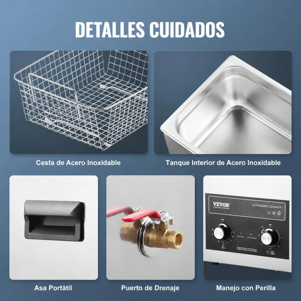 VEVOR Limpiador Ultrasónico 10 L 240 W con Temporizador de Calentamiento y Cesta Máquina de Cavitación Sónica Digital para Herramientas de Laboratorio, Piezas Metálicas, Carburador, Piezas de Auto