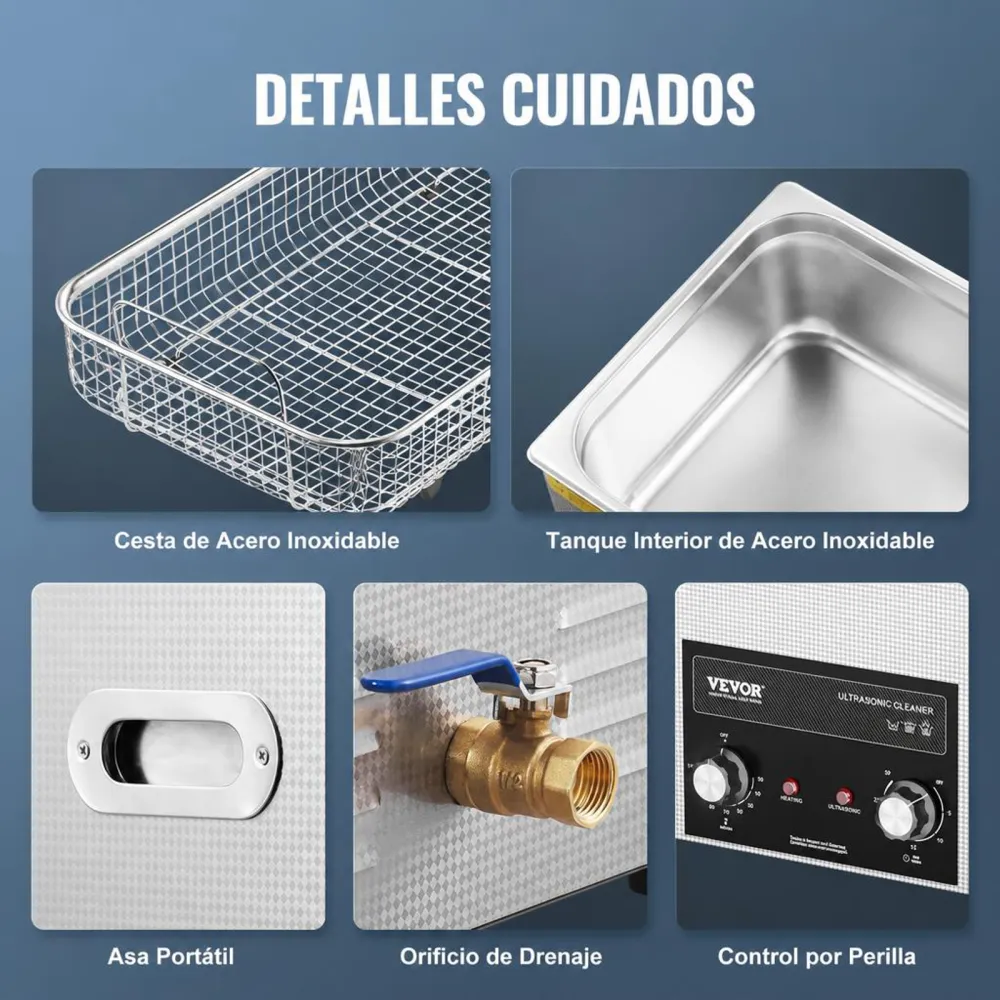 VEVOR Limpiador Ultrasónico 22 L con Temporizador de Calentamiento y Cesta Equipo de Limpieza Ultrasónico Digital Profesional 480 W para Relojes Instrumentos Gafas Monedas Piezas de Metal Plata
