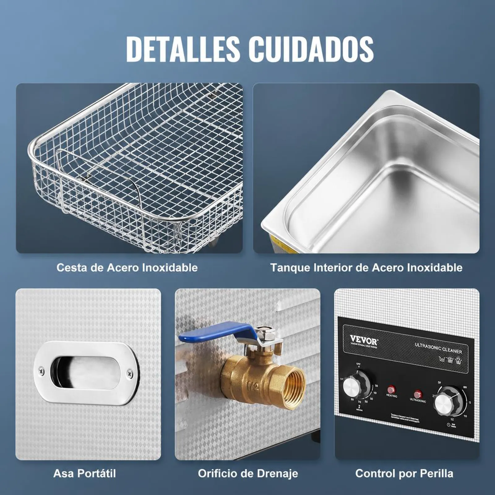 VEVOR Limpiador Ultrasónico 22 L con Temporizador de Calentamiento y Cesta Equipo de Limpieza Ultrasónico Digital Profesional 480 W para Relojes Instrumentos Gafas Monedas Piezas de Metal Plata
