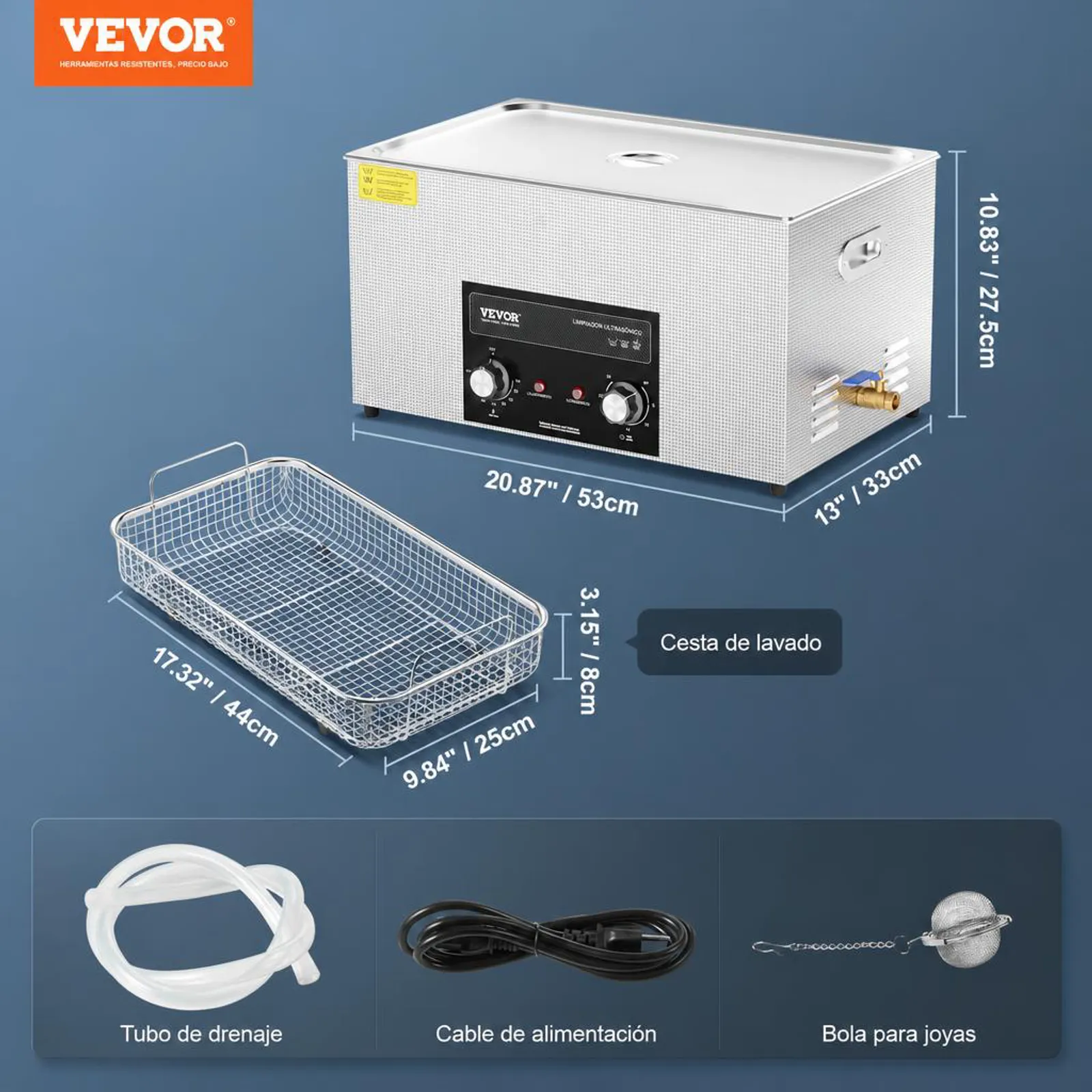 VEVOR Limpiador Ultrasónico 22 L con Temporizador de Calentamiento y Cesta Equipo de Limpieza Ultrasónico Digital Profesional 480 W para Relojes Instrumentos Gafas Monedas Piezas de Metal Plata