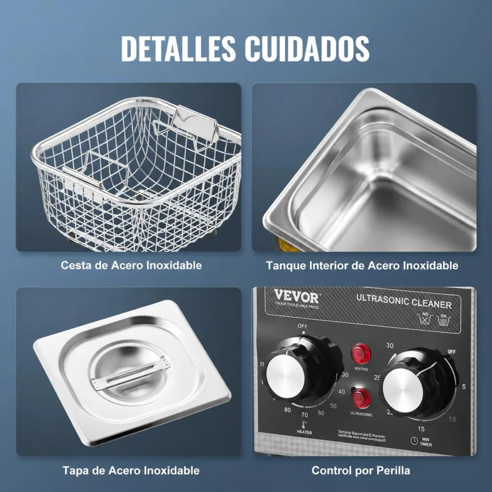 VEVOR Limpiador Ultrasónico 2 L con Temporizador de Calentamiento y Cesta Equipo de Limpieza Ultrasónico Digital Profesional 60 W para Relojes Instrumentos Gafas Monedas Piezas de Metal Plata