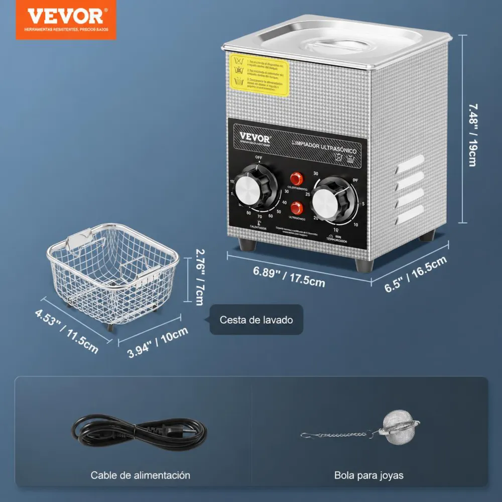 VEVOR Limpiador Ultrasónico 2 L con Temporizador de Calentamiento y Cesta Equipo de Limpieza Ultrasónico Digital Profesional 60 W para Relojes Instrumentos Gafas Monedas Piezas de Metal Plata