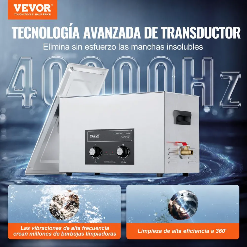 VEVOR Limpiador Ultrasónico 30 L 600 W con Temporizador de Calentamiento y Cesta Máquina de Cavitación Sónica Digital para Herramientas de Laboratorio, Piezas Metálicas, Carburador, Piezas de Auto
