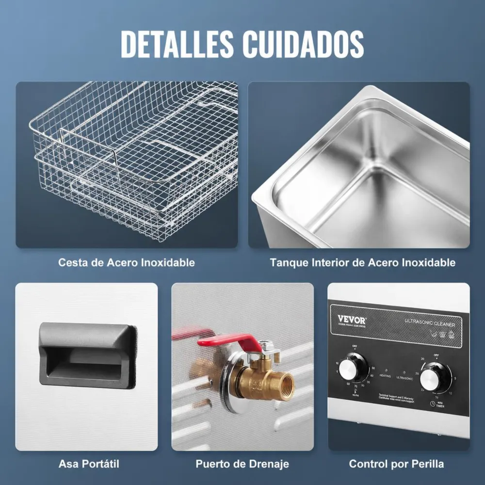 VEVOR Limpiador Ultrasónico 30 L 600 W con Temporizador de Calentamiento y Cesta Máquina de Cavitación Sónica Digital para Herramientas de Laboratorio, Piezas Metálicas, Carburador, Piezas de Auto