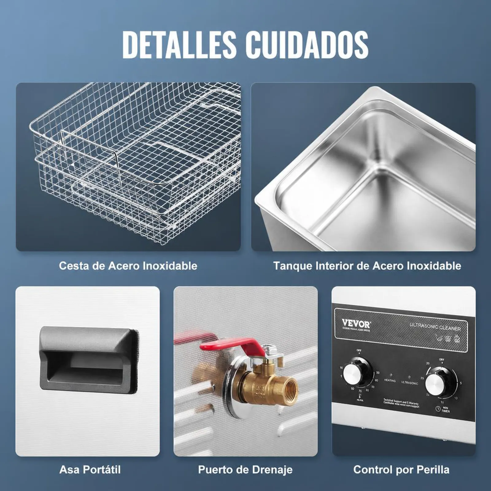 VEVOR Limpiador Ultrasónico 30 L 600 W con Temporizador de Calentamiento y Cesta Máquina de Cavitación Sónica Digital para Herramientas de Laboratorio, Piezas Metálicas, Carburador, Piezas de Auto
