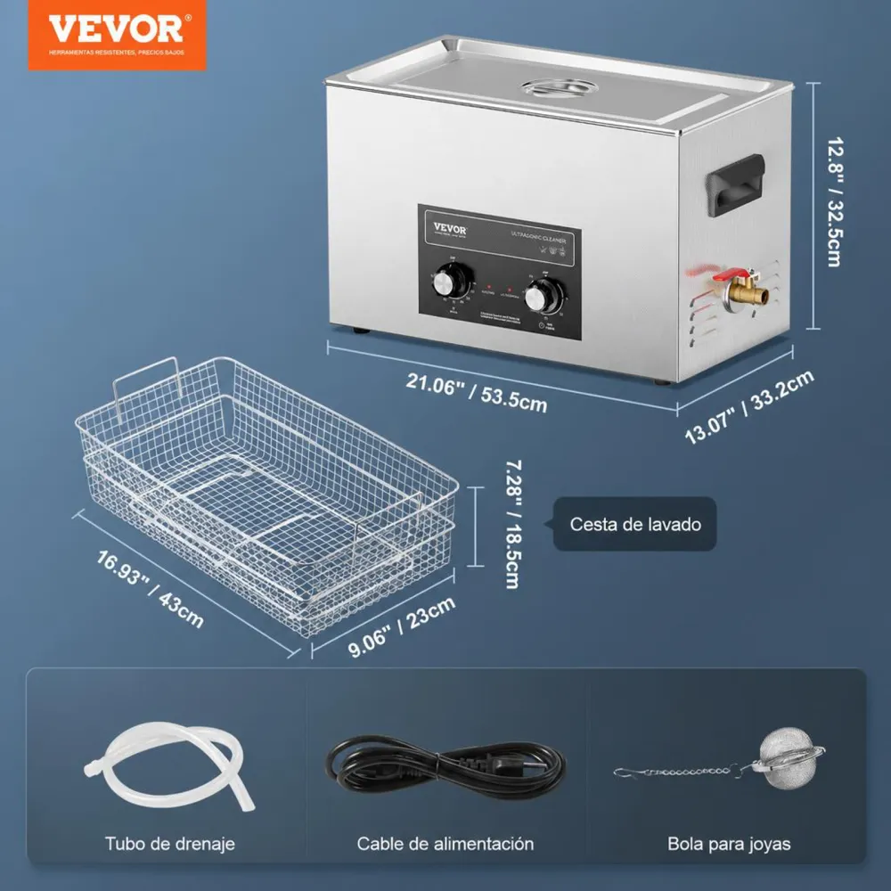 VEVOR Limpiador Ultrasónico 30 L 600 W con Temporizador de Calentamiento y Cesta Máquina de Cavitación Sónica Digital para Herramientas de Laboratorio, Piezas Metálicas, Carburador, Piezas de Auto