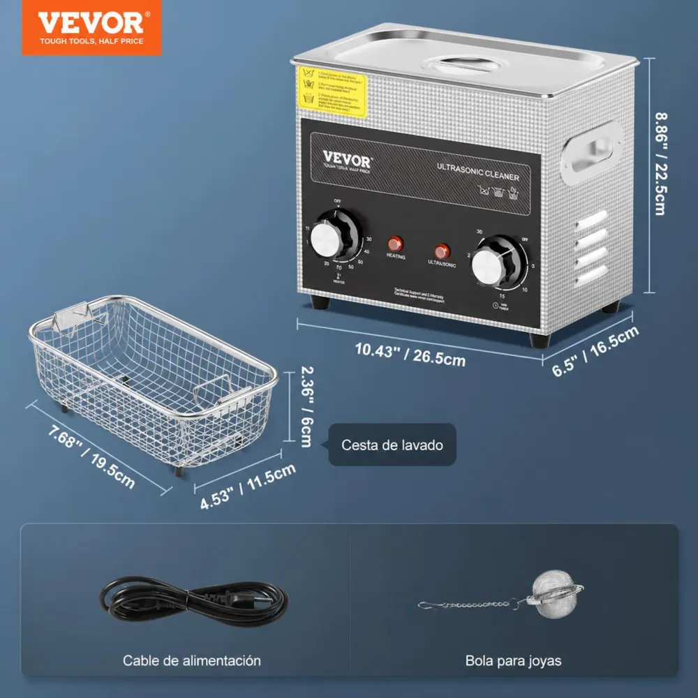 VEVOR Limpiador Ultrasónico 3 L con Temporizador de Calentamiento y Cesta Equipo de Limpieza Ultrasónico Digital Profesional 120 W para Relojes Instrumentos Gafas Monedas Piezas de Metal Plata